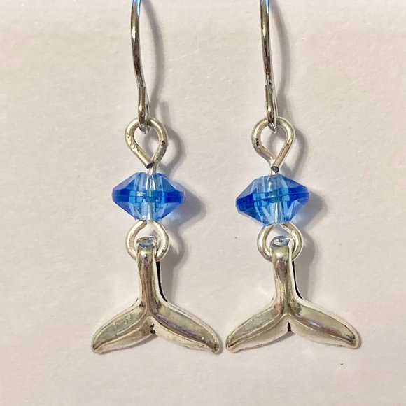 Silver Mermaid Whale Tail Earrings Blue Bead Plated Dangle Dainty Nautical - Picture 8 of 12